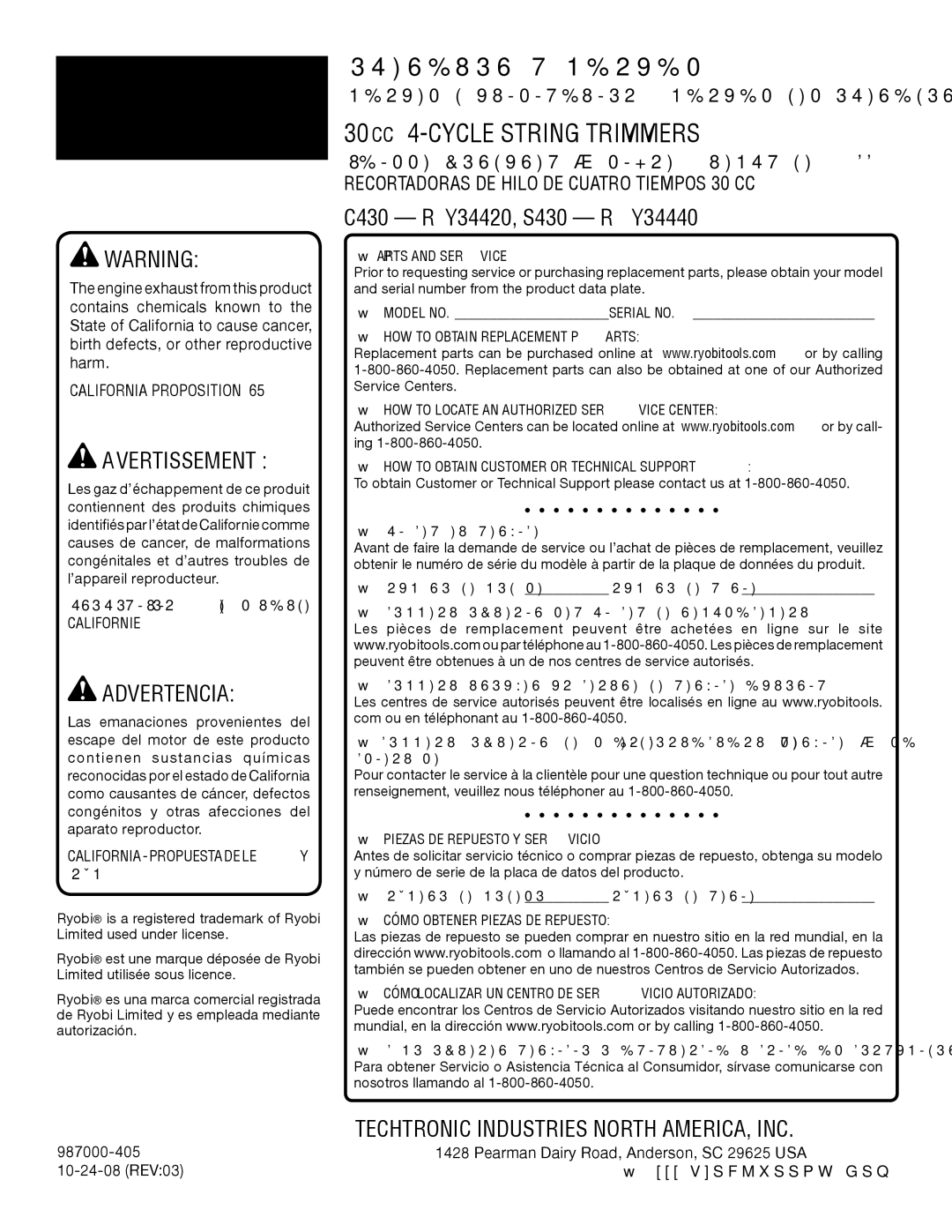 Ryobi CS -- RY34420, SS -- RY34440 manuel dutilisation Avertissement , Manuel D’UTILISATION / Manual DEL Operador 